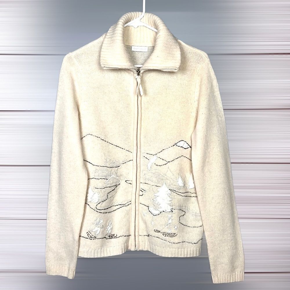 Vintage Charter Club Embroidered Winter Skating Scene Wool Blend Zip Front S-M